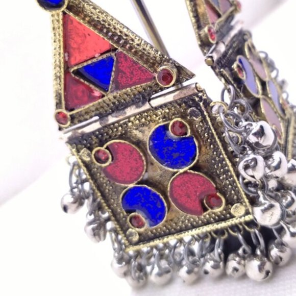Tribal Dangle Earrings With Bells, Kuchi Vintage Massive Red and Blue GlassStone - Picture 4 of 6